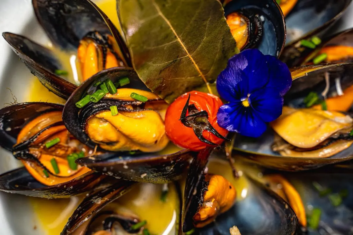 Mussels in a light broth with a bay leaf, cherry tomato and an edible flower