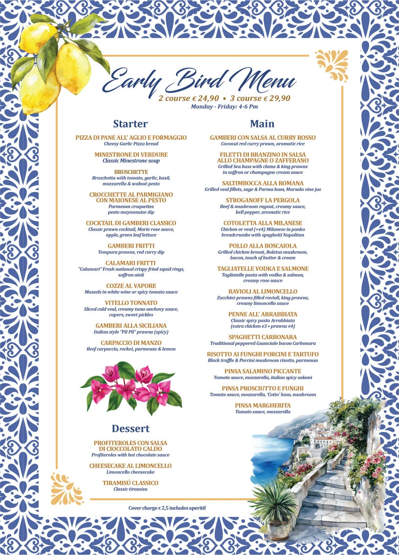 Early Bird menu: two courses €24.90 or three courses €29.90, Monday to Friday 4–6pm, with starters, mains and desserts listed in Italian and English