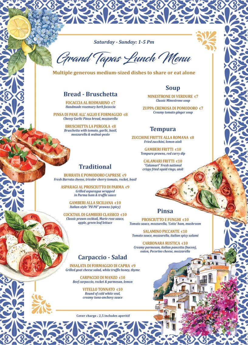 The Grand Tapas Lunch menu card, framed in blue majolica tiles with watercolour lemons