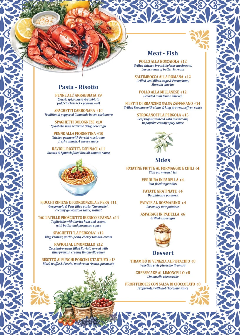 Grand Tapas Lunch menu, page 2: pasta and risotto, meat and fish, sides and desserts, priced per plate